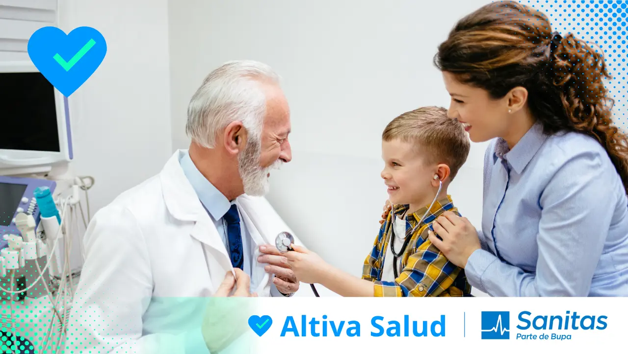 Médico, niño y mujer asegurados con Sanitas Más Salud sin Copago Barcelona 2026