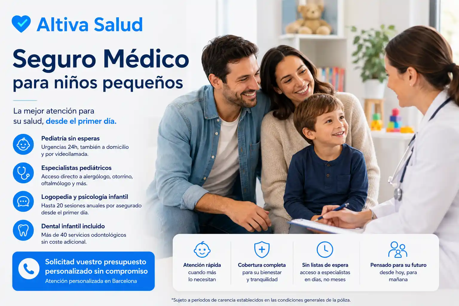 Una familia de dos adultos con un hijo contratando Seguro Médico para Niños Pequeños
